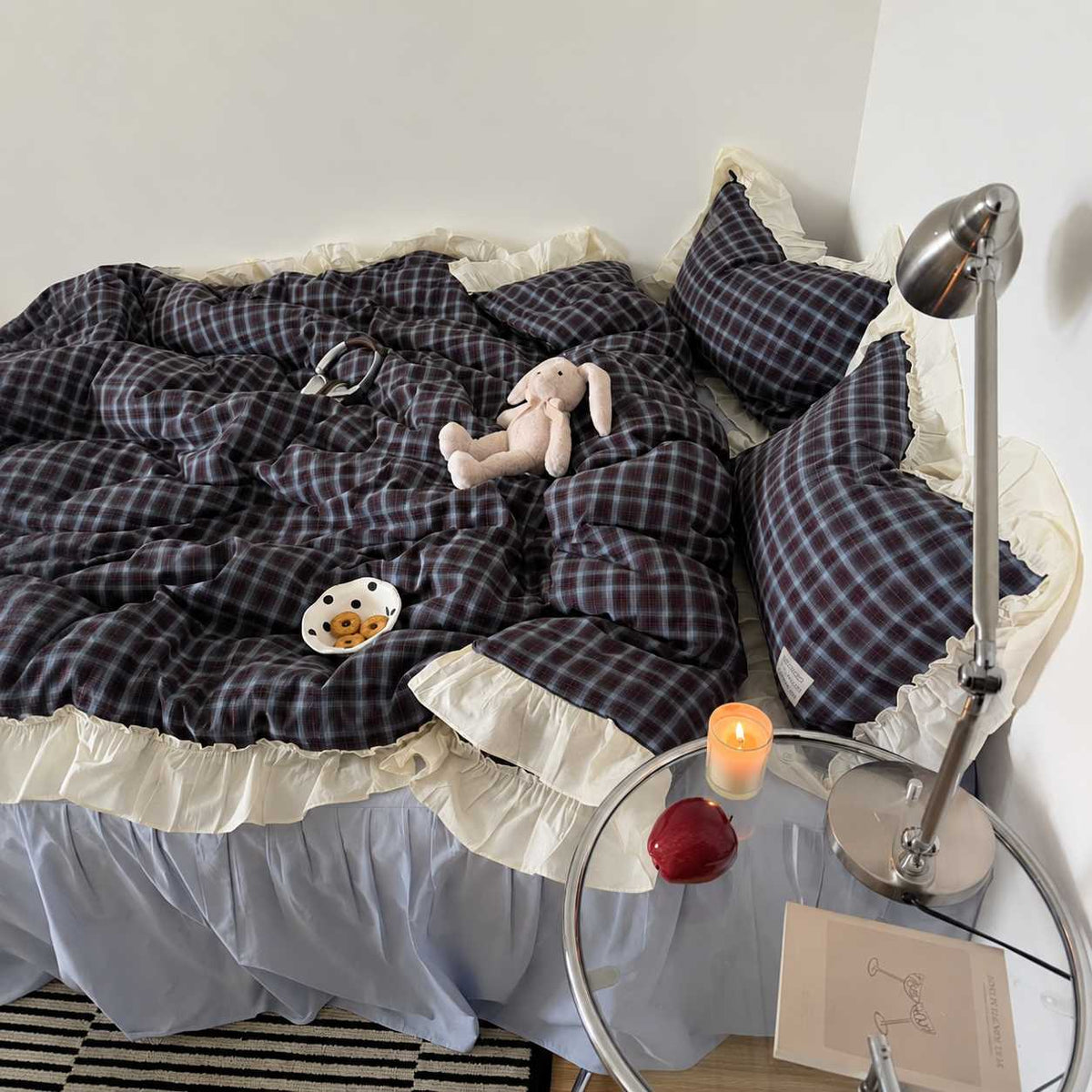 Roselle Washed Cotton Gingham Bedding Set with Ruffle Trim G113