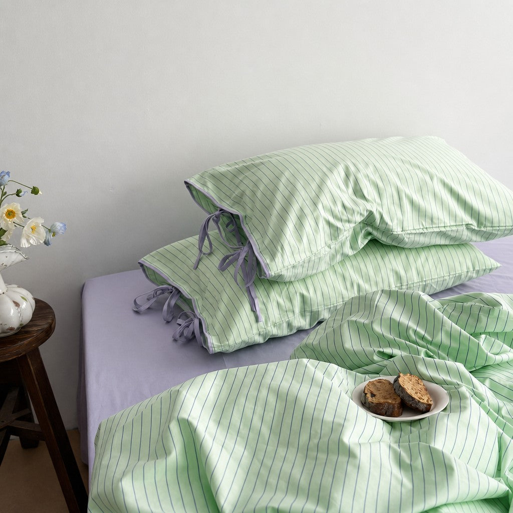 Vintora Modern Green Stripe Cotton Bed Linen Set G95