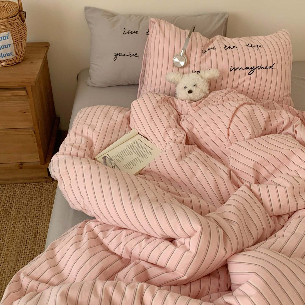 Vintora Washed Cotton Striped Bedding Set Soft Breathable Cotton Minimalist Set G94