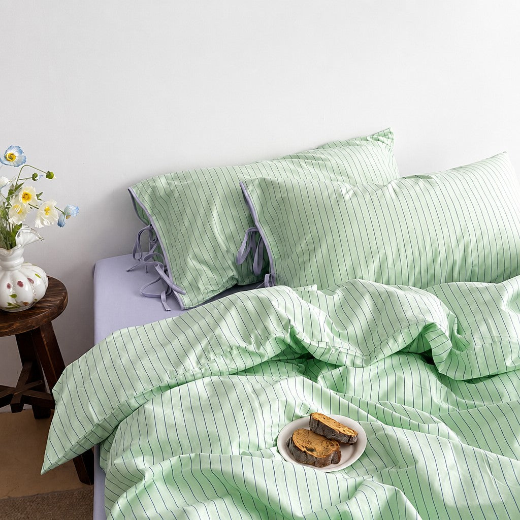 Vintora Modern Green Stripe Cotton Bed Linen Set G95