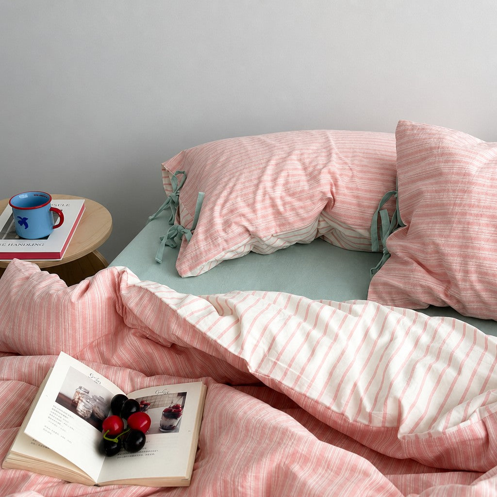 Vintora Cozy Vintage Pink Stripe Cotton Bedding 4 Piece Set