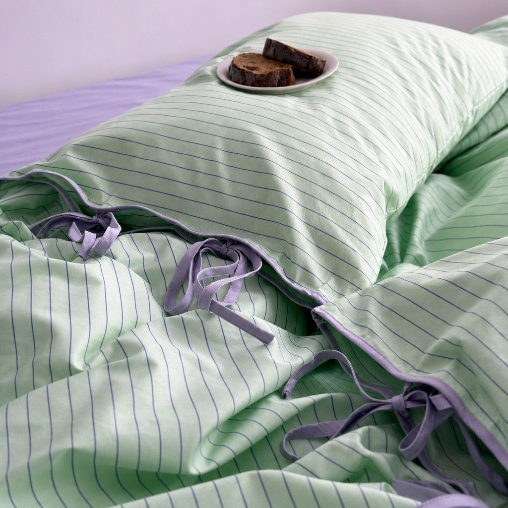 Vintora Modern Green Stripe Cotton Bed Linen Set G95