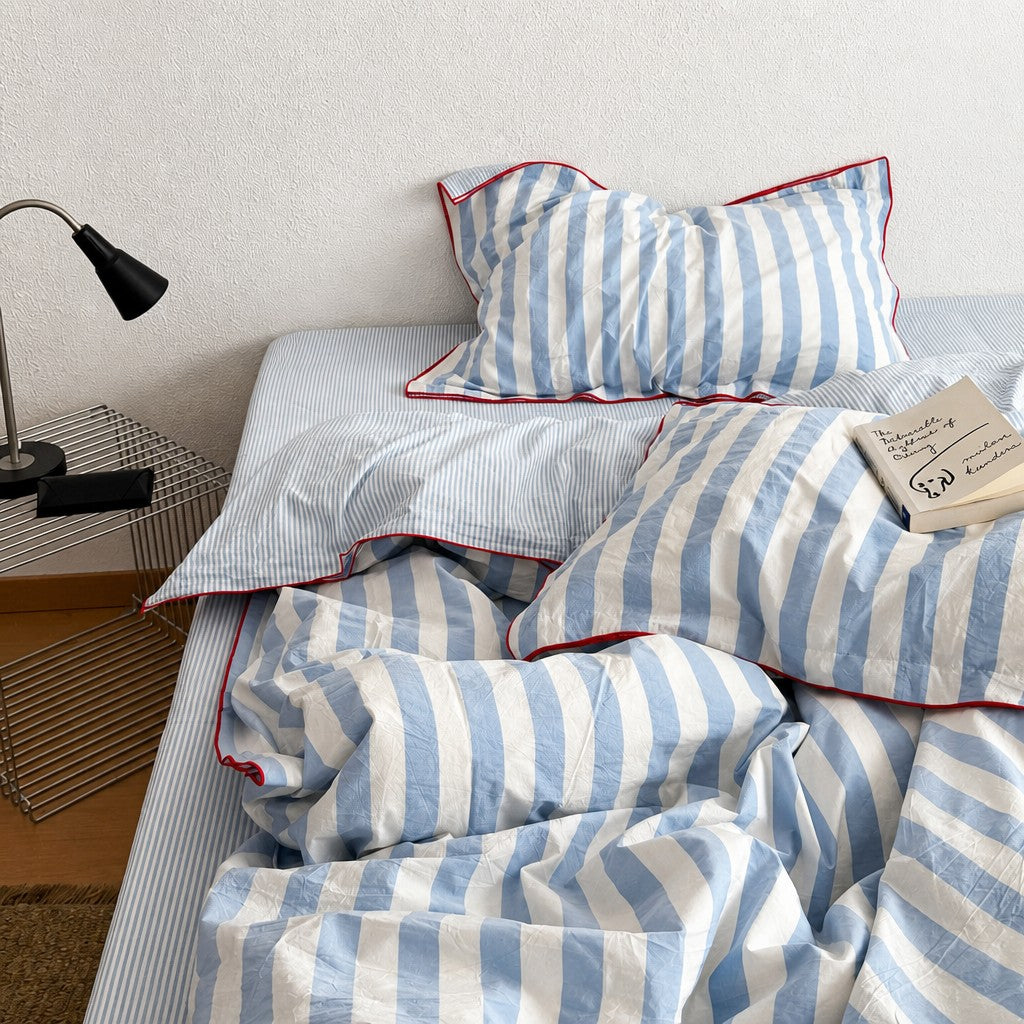 Vintora Modern Blue Stripe Washed Cotton Bedding Set