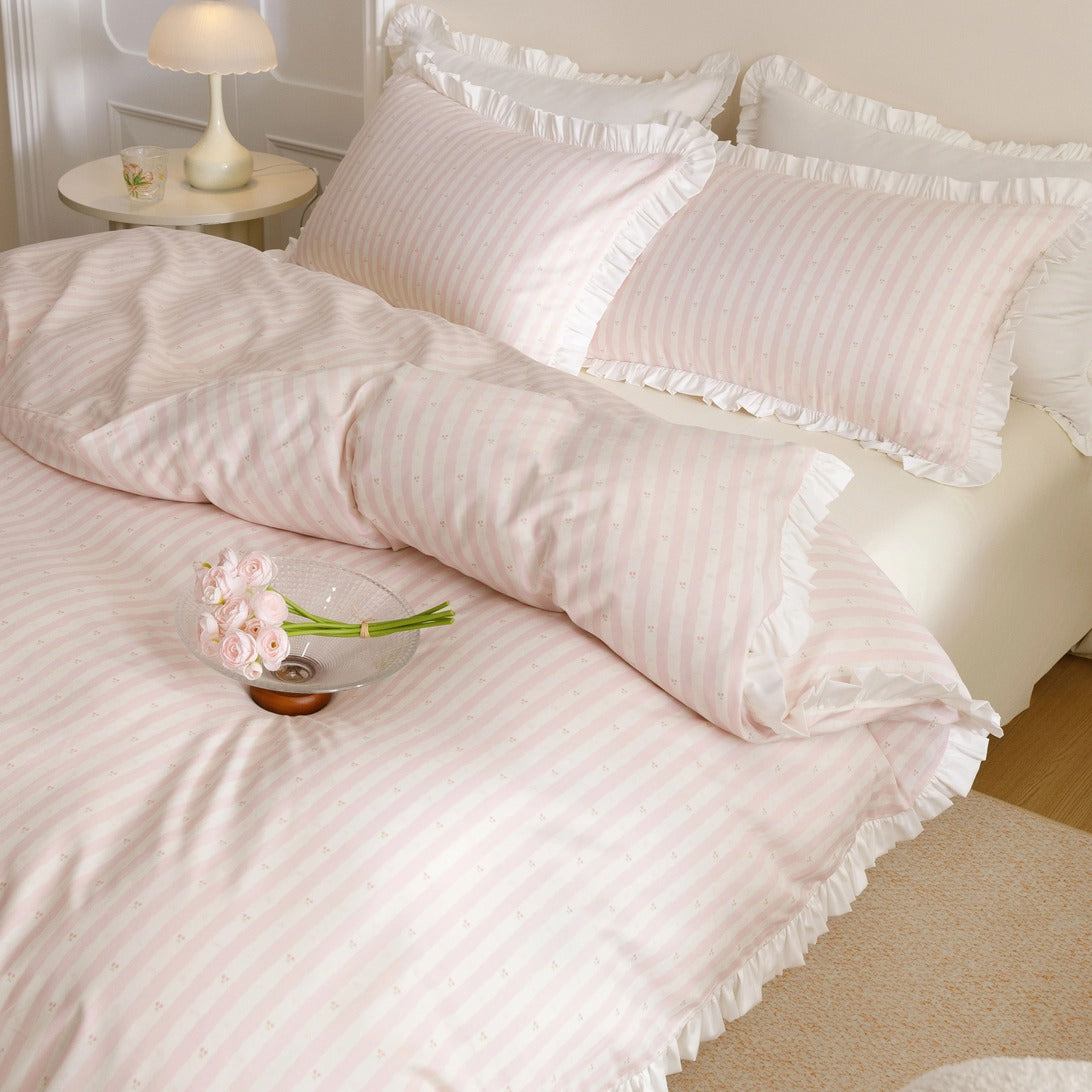 Roselle Pink and White Striped Cotton Bedding Set with Ruffle Trim G112