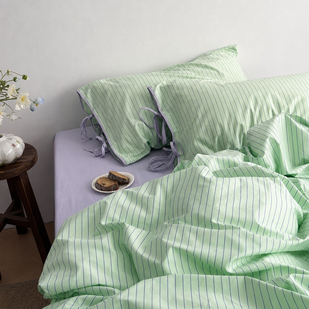 Vintora Modern Green Stripe Cotton Bed Linen Set G95