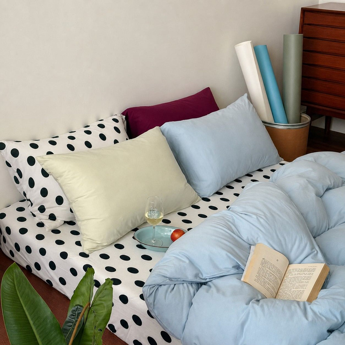 Vireza Black White Polka Dot Blue Cotton Bedding Set for All Season Set G102